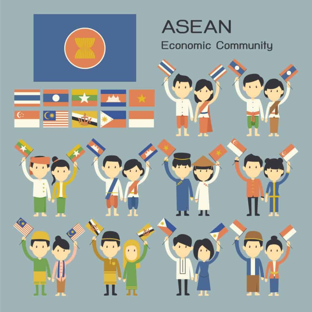 Singapore Gateway to ASEAN Economic Community - National Costumes and Flags. Singapore Industrial Spaces, by David-Hoicka, Licensed Depositphotos 45071245